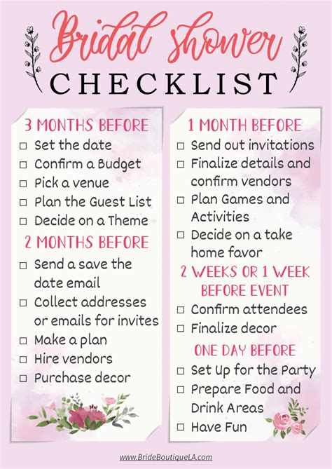 Downloadable Bridal Shower Checklist Printable